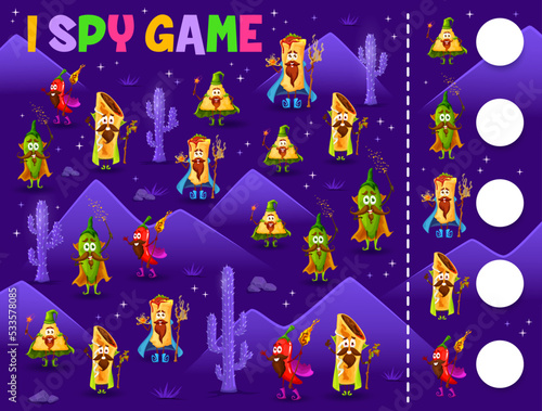 I spy game worksheet, cartoon Tex Mex Mexican food wizards characters, vector quiz. Kids cartoon puzzle game to find same and match burrito sorcerer and chili pepper mage or taco with magic wand