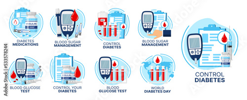 Diabetes care icons, blood sugar test, insulin and glucose control or glucometer, vector medical symbols. Diabetes health management and world day sign, diabetic disease treatment and monitoring icons