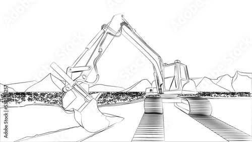 Excavator outline on field with flowers and mountains behind isolated. Excavator bucket on ground and caterpillar tracks. Design element.