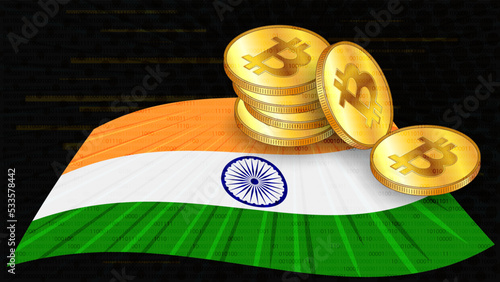 Stacks of gold coins of Bitcoin BTC on colored flag of India on dark digital background. Central Bank of India adopts laws on digital assets CBDC. Vector.