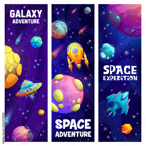 Space expedition and galaxy adventure. Spacecrafts in starry universe. Cartoon vector banners with alien ufo saucer, rockets, planets and asteroids in space. Kids bookmarks with fantasy space planets