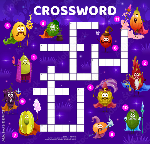 Crossword quiz game grid. Cartoon fruit mage, wizard and magician characters. Kids vocabulary game, crossword vector worksheet with melon, bergamot and quince, starfruit, kiwi and dragon fruit, durian