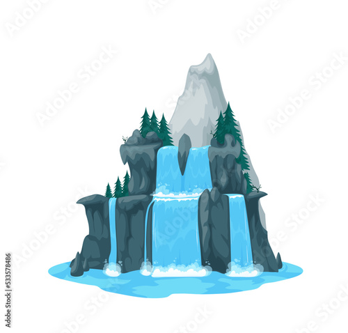 Natural park cartoon water cascade stream, isolated river waterfall. Island clean stream, water waterfall travel background, natural park blue aqua flow vector game asset with spruce trees on cliff