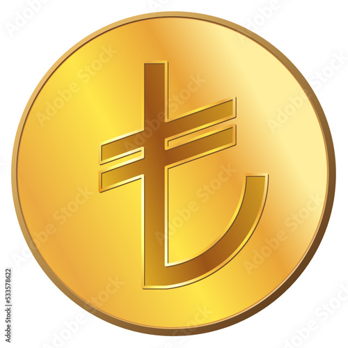 Golden coin Turkish lira TRY front view isolated on white. Design element.