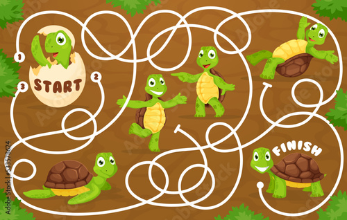 Labyrinth maze game help cartoon turtle find the cheerful friends. Finding way child playing activity, kids maze riddle and kindergarten children quiz vector worksheet with funny tortoise personages