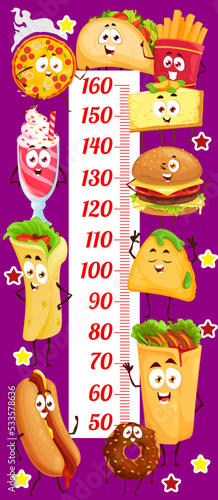 Cartoon funny takeaway fast food characters, kids height chart ruler. Vector growth meter with pizza, tacos, french fries or cheesecake, cocktail, burger, nachos and burrito, hot dog, donut and roll