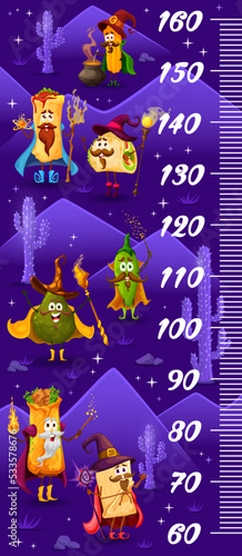 Kids height chart ruler, cartoon Tex Mex Mexican food wizards characters, vector growth meter. Baby tall size measure ruler with burrito mage, taco warlock and tamale sorcerer with jalapeno pepper