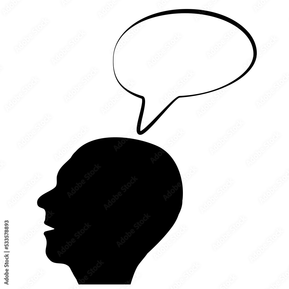 Silhouette of human head with contour empty speech bubble from brain isolated on white background. Design element.