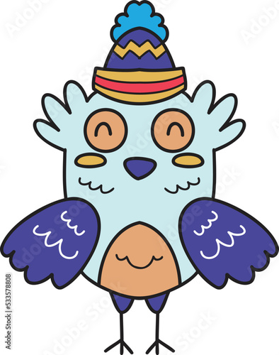 Hand Drawn happy bird wearing christmas hat illustration