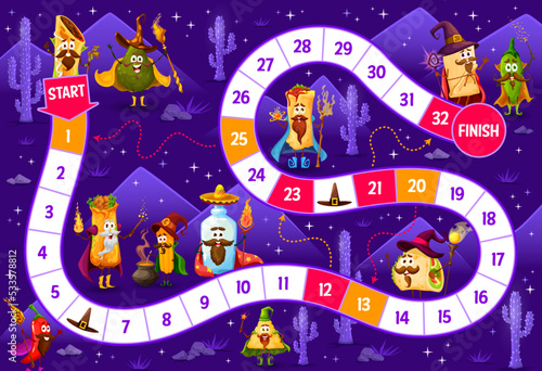 Kids board step game, cartoon Tex Mex Mexican food wizards characters, vector tabletop puzzle. Dice race step game or start and finish kids quiz with burrito sorcerer, taco warlock and tequila mage