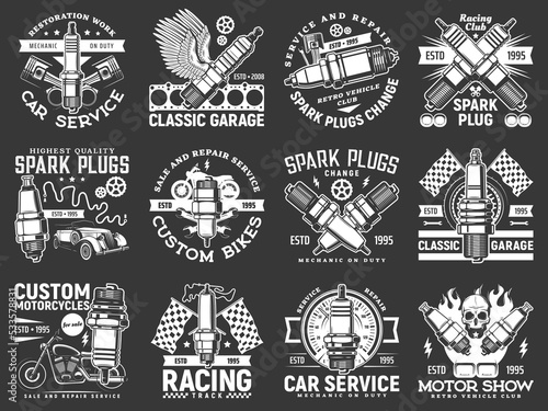 Car service, motor show and racing club icons. Vehicle garage station combustion engine spare parts, pistons and spark plugs, vector retro car and motorcycle, human skull, race flag and speedometer