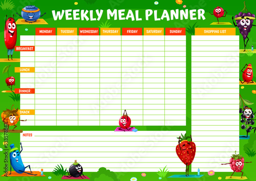 Weekly meal planner. Cartoon berry characters on yoga fitness. Nutrition plan vector timetable, meal menu week schedule with blackcurrant, cowberry and grape, honeyberry, cloudberry, strawberry