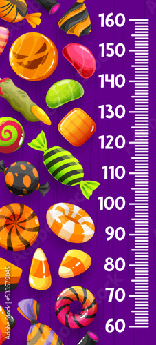 Kids height chart ruler. Cartoon Halloween candies, sweets and desserts. Children growth measure vector ruler, height meter or centimeter scale with Halloween holiday treats, jelly and chocolate candy