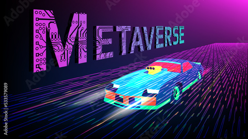 Virtual Reality inscription perforated with PCB tracks and futuristic car driving on digital road on purple background. Illustration in perspective projection.
