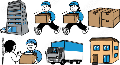 荷物を運ぶ運送業男性女性イラストセット
