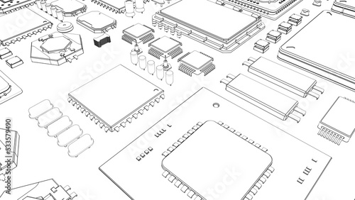 CPU chips on the motherboard . monochrome 3d illustration in white with outline lines