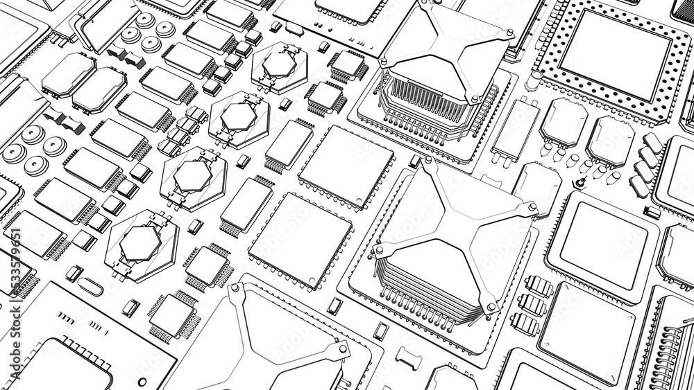 Fototapeta premium CPU chips on the motherboard . monochrome 3d illustration in white with outline lines