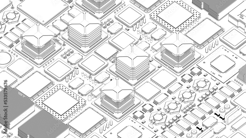 CPU chips on the motherboard . monochrome 3d illustration in white with outline lines