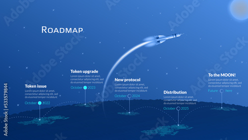 Roadmap with planet Earth and space rocket flying to the moon on blue background. Timeline infographic template for business presentation. Vector.