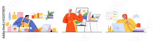 Online education, digital technologies for training and study. People learning in distance courses, cooking food, paint on easel, study in Internet, vector flat illustration