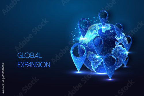 Concept of Global Expansion, international market with planet Earth and map pin locator symbols 