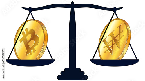 Gold coin of Bitcoin BTC and Republic of Korea won KRW on scales isolated on white background. Laws on digital assets CBDC. Design element.