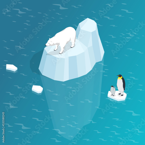 Isometric global warming concept. Polar bear and penguin on ice floe. Melting iceberg and global warming. Climate change. Ecological catastrophe