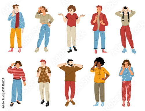 People with negative emotions and gestures of stop, rejection, denial. Diverse anxiety and angry characters show thumb down, disagree and ignore, isolated on white background, vector flat illustration