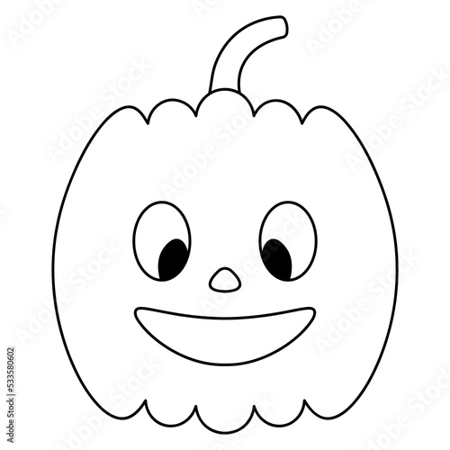 Pumpkin. Smiling facial expression. Vector illustration. Outline on an isolated white background. Doodle style. Coloring book for children. Sketch. Halloween symbol. Nice grimace. Jack-lantern.