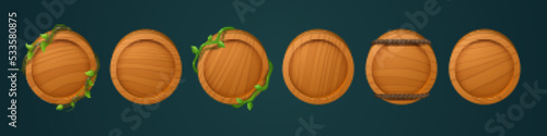 Game wooden buttons or user avatar frames with jungle vines and ropes. Empty circle panels from brown wood, round timber planks isolated on background, vector cartoon set