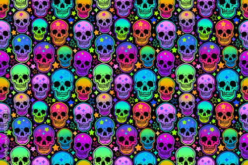 seamless illustration of neon bright human skulls and stars