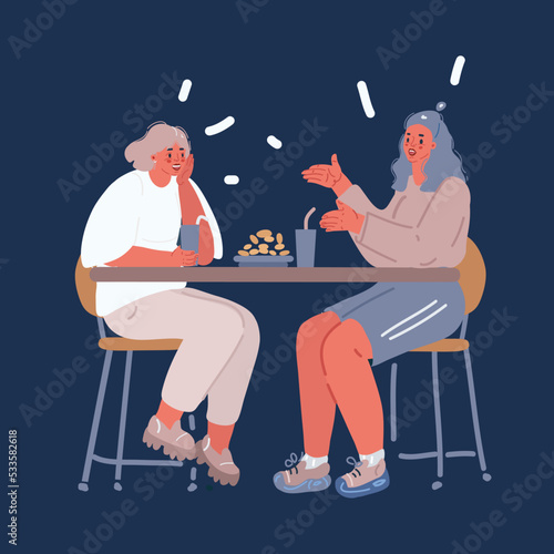 Vector cartoon illustration of Two pretty young woman sitting at caffe