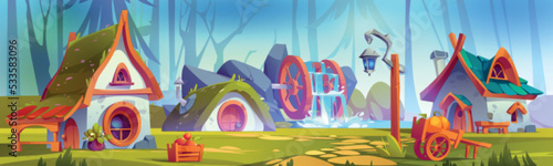 Gnome village with houses, water mill and lantern in forest. Summer woods landscape with trees, fantasy buildings and watermill with wooden wheel, vector cartoon illustration