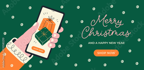Christmas banner with hands holding smartphone with gift boxes on the screen. Fast online delivery gifts concept.