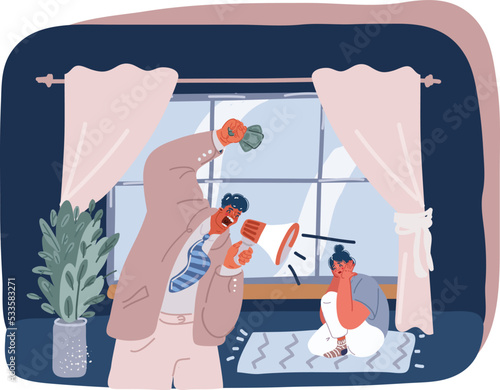 Vector cartoon illustration of  sad afraid woman and her violent screaming man. Young couple fighting at home, boyfriend shouting at girlfriend. Stressed out couple having problems. Divorce concept.