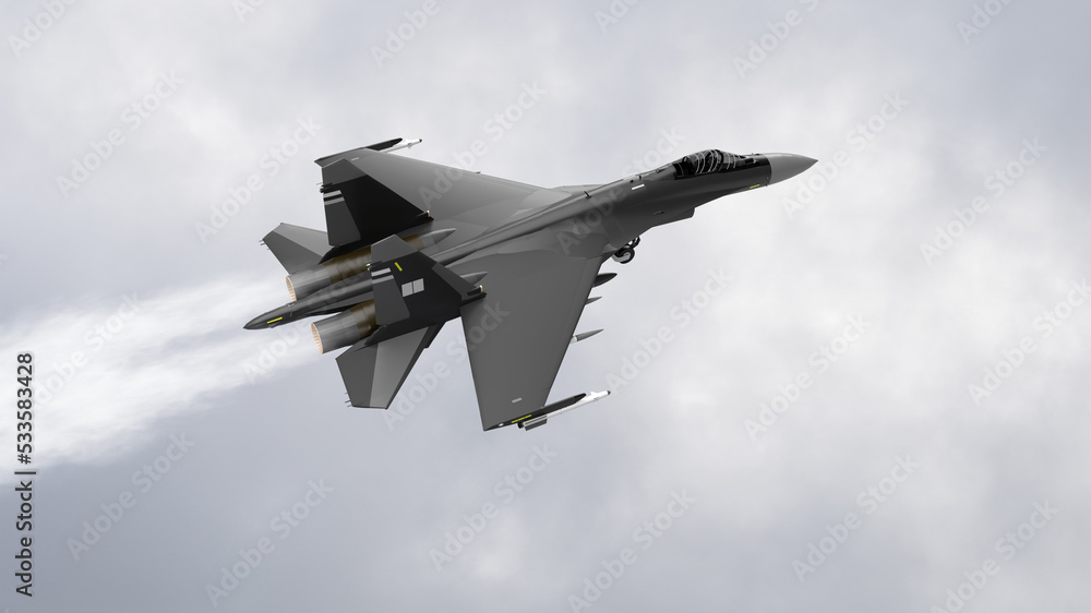 3d render a gray fighter jet in the clouds with smoke behind is flying on a combat mission, war, Ukraine, Russia, China, Taiwan 3d render a gray fighter jet in the clouds with smoke behind is flying on a combat mission, war, Ukraine, Russia, China, Taiwan