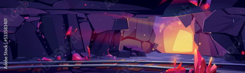 Mine tunnel with red crystals, rails and light from entrance. Underground shaft with ruby deposit, mining cave with railway inside mountain, vector cartoon illustration