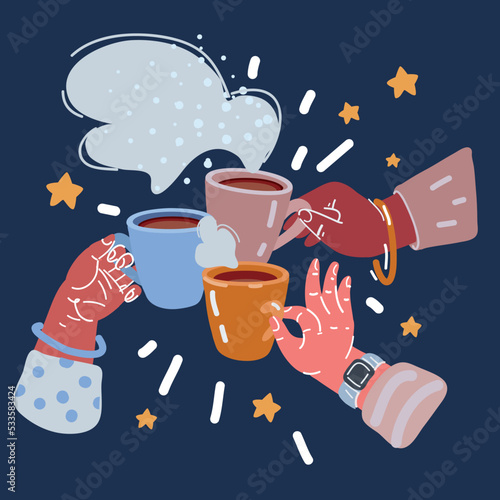 Vector cartoon illustration of three hands holding three cup of coffee Cozy, lifestyle image