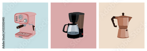Set of professional coffee making equipment. Coffee machine and coffee maker for brewed hot drink. Hand drawn vector illustration isolated on colored background. Flat style.