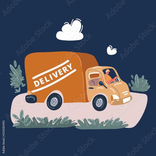 Vector cartoon illustration of Online order tracking or freight delivery service transportation truck automobile