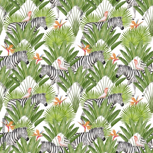Safari animals watercolor illustration  seamless pattern with palms  zebra  parrots and tropical jungle