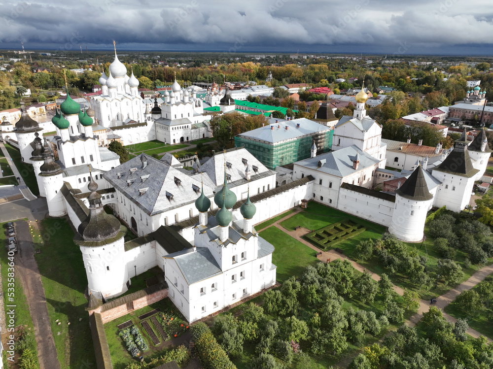 panoramic view from a drone on the historical part of the city of Rostov the Great on an autumn cloudy day