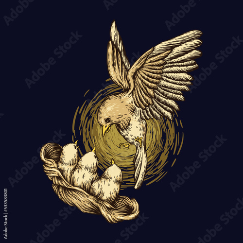 hand drawn mother bird in nest and 3 chicks | three little birds and their mother | hand drawn bird illustration | flying bird illustration 