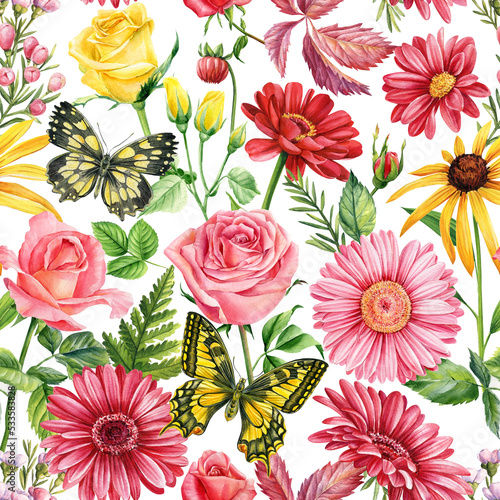 Autumn flowers. Rose, echinacea red chamomile and butterfly. Seamless pattern, floral background