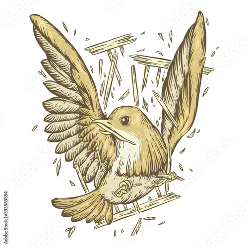 hand drawn illustration of a bird | illustration of a bird out of a cage | bird freedom illustration | bird escape from a cage