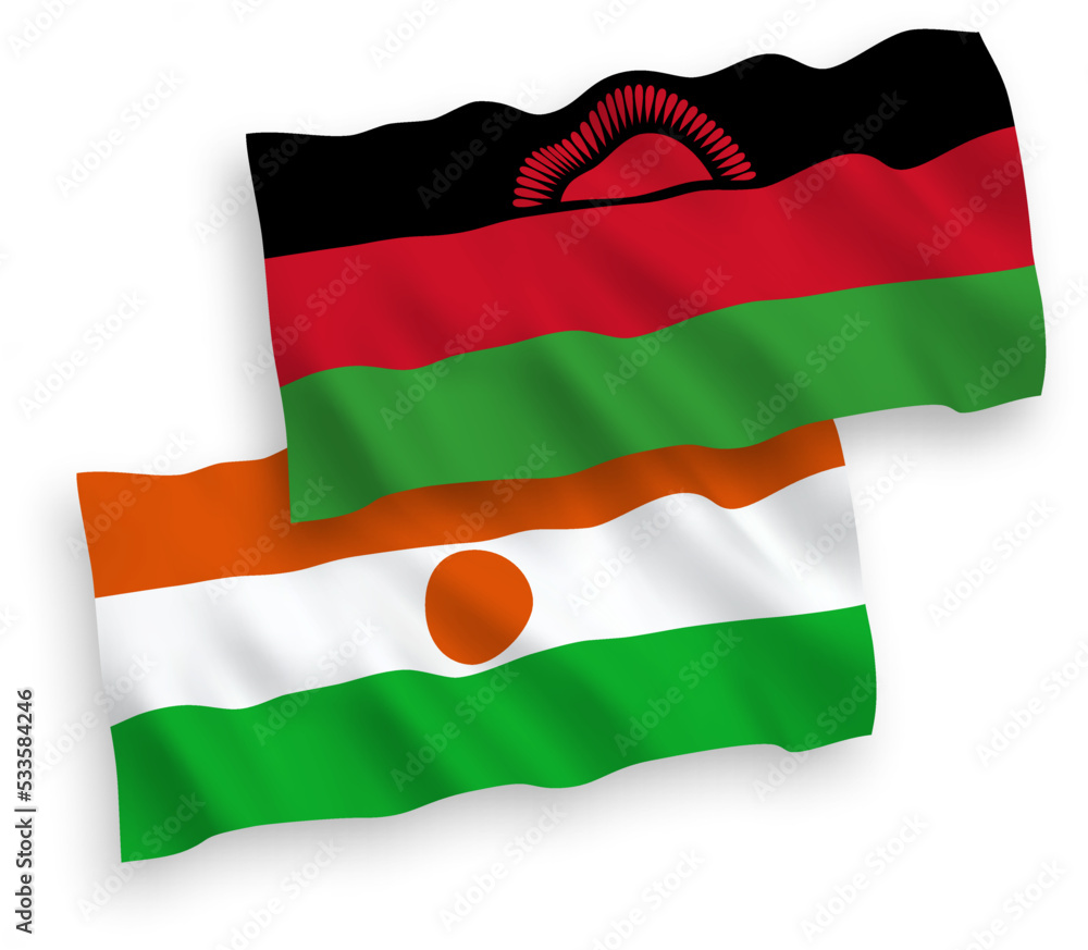 National vector fabric wave flags of Republic of the Niger and Malawi isolated on white background. 1 to 2 proportion. National vector fabric wave flags of Republic of the Niger and Malawi isolated on white background. 1 to 2 proportion.