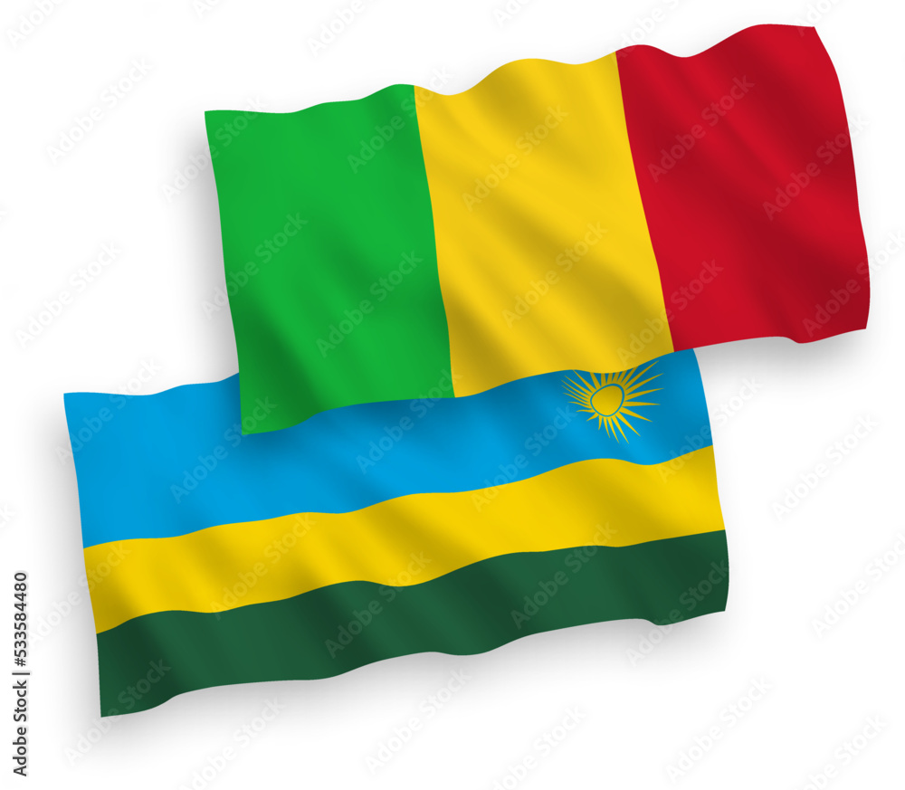 National vector fabric wave flags of Republic of Rwanda and Mali isolated on white background. 1 to 2 proportion. National vector fabric wave flags of Republic of Rwanda and Mali isolated on white background. 1 to 2 proportion.