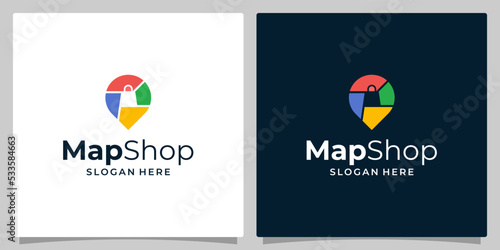 Location map logo with shopping bag logo graphic design vector illustration. Symbol, icon, creative