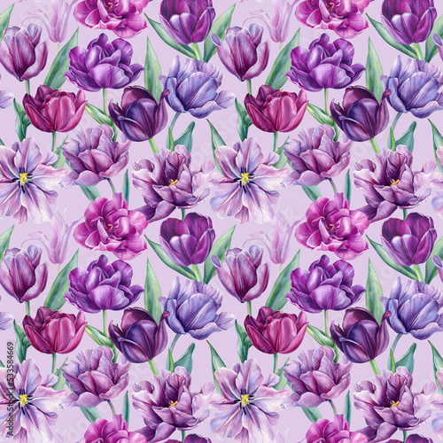 Tulips flowers  watercolor illustration  botanical painting. Seamless Floral pattern