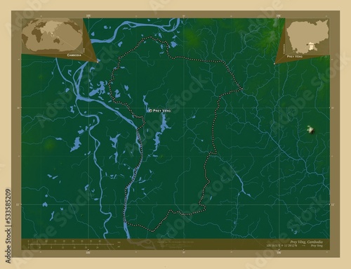Prey Veng, Cambodia. Physical. Labelled points of cities photo